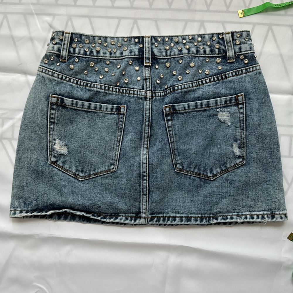 Studded Distressed Denim Mini Skirt - Blue - Picture 2 of 8
